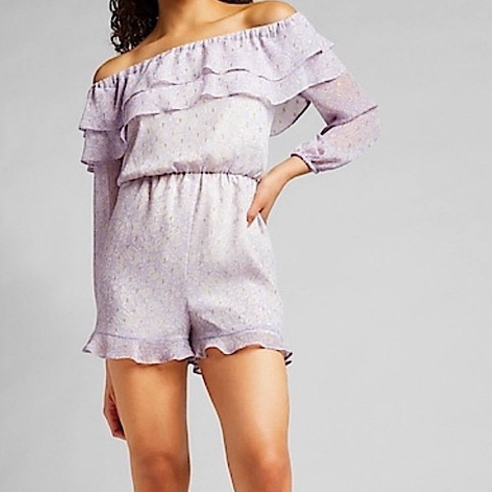 Express Floral Metallic Clip Dot Off Shoulder Romper
